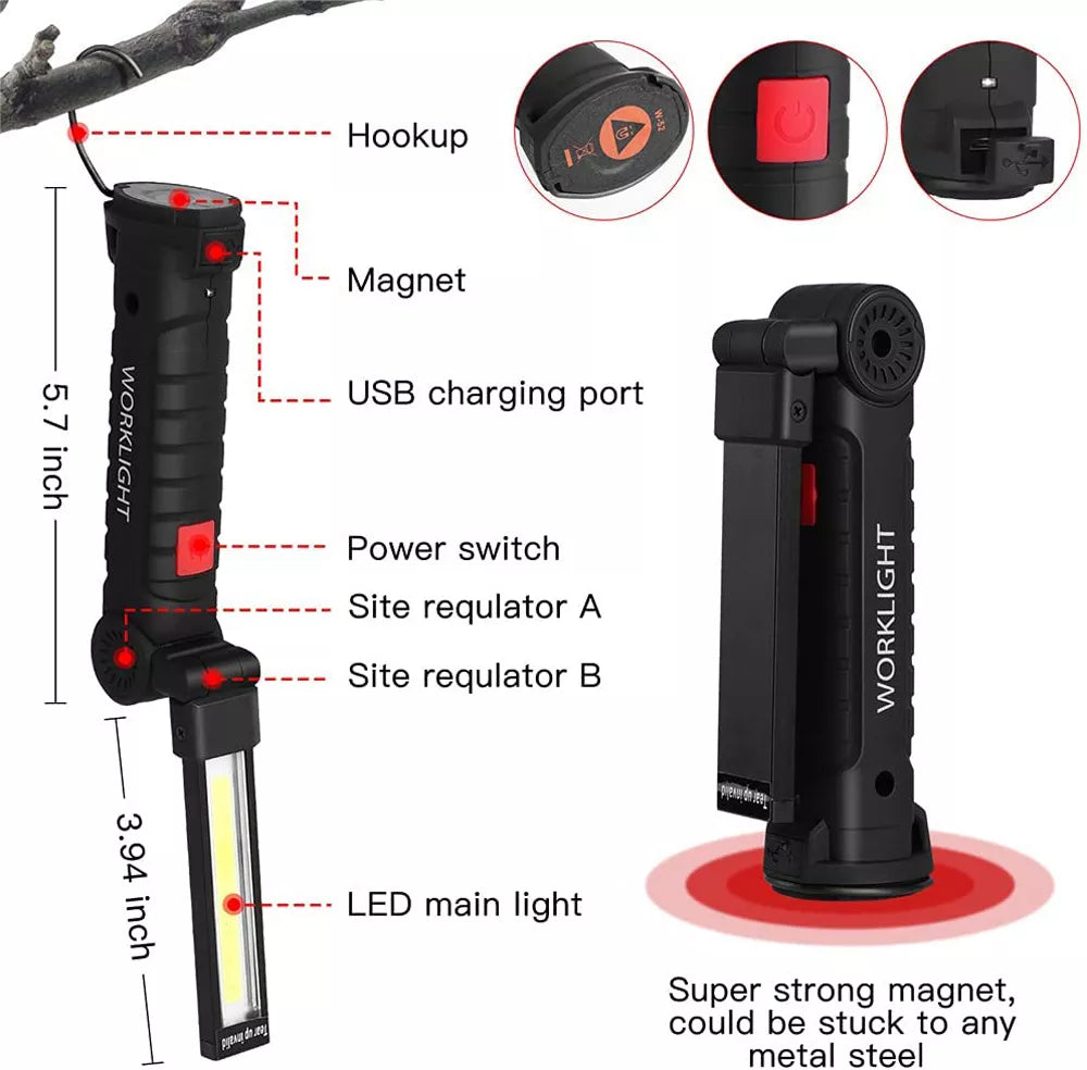 Draagbare cob led zaklamp - perfect voor nood, klussen of kamperen - usb oplaadbaar - werk licht - magnetisch op te hangen - lamp met ingebouwde batterij