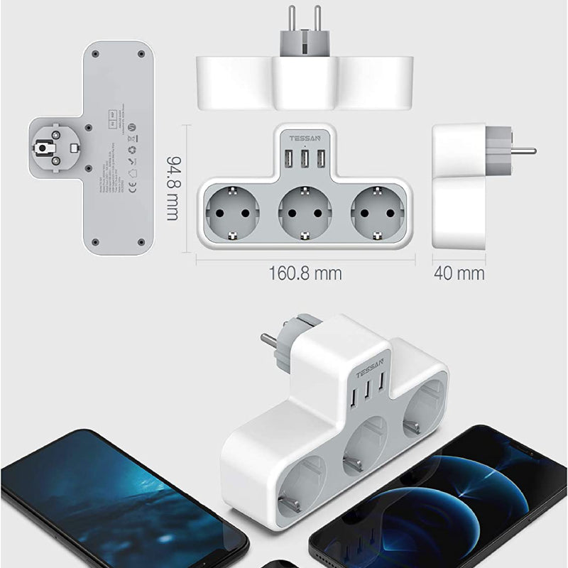 stopcontactvergroter – 3 stopcontacten – 3 usb-poorten – beveiligingsaansluitingen – voor thuis en kantoor – 16A