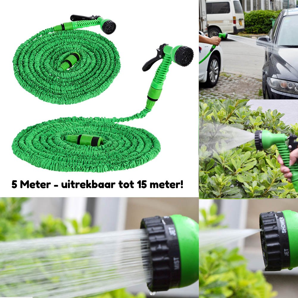 Uitrekbare tuinwaterslang met spuit - compact maar verlengd tot 15 meter - perfect voor de plantjes en de auto - meerdere sproeistanden