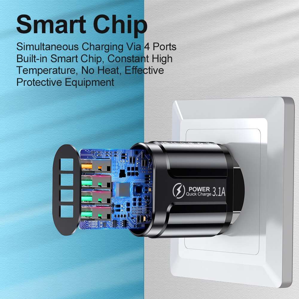 Razendsnelle USB oplader - 4 apparaten tegelijkertijd - Quickcharge 3.0 laad tot 4x zo snel op