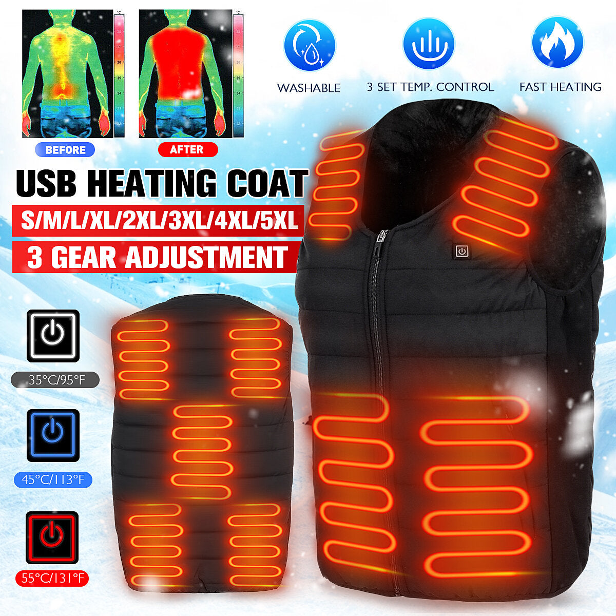 unisex 9-verwarmingszones elektrisch vest verwarmde jas usb opwarmen winterbody racing-jas thermisch