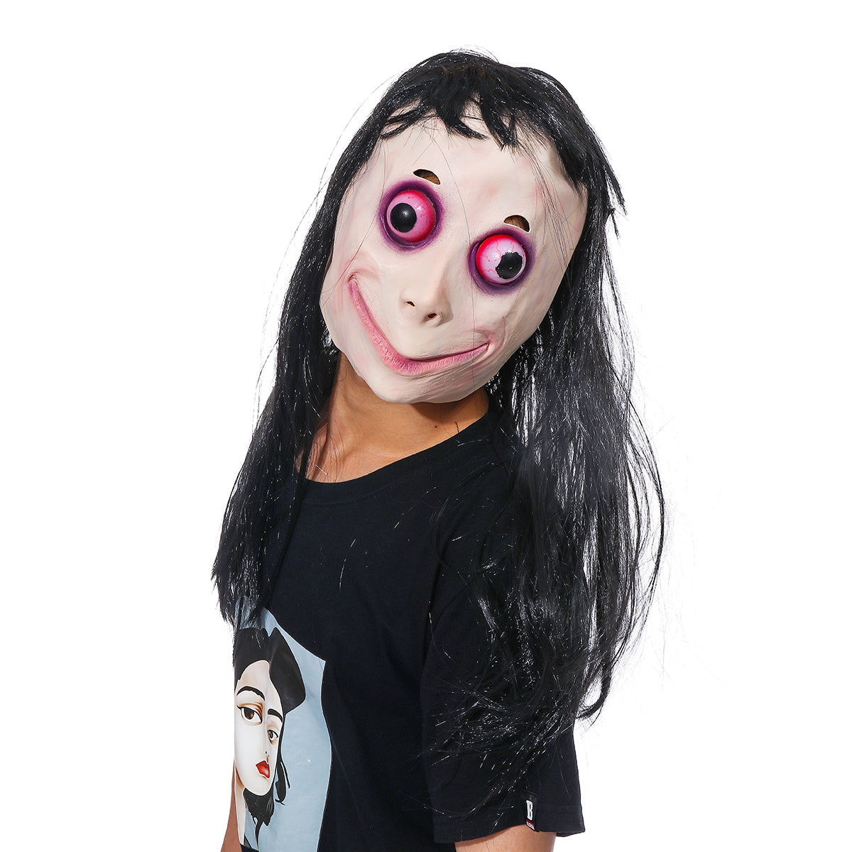 led scary momo mask game horror mask cosplay volledig hoofd momo mask big eye met lange pruiken halloween party props