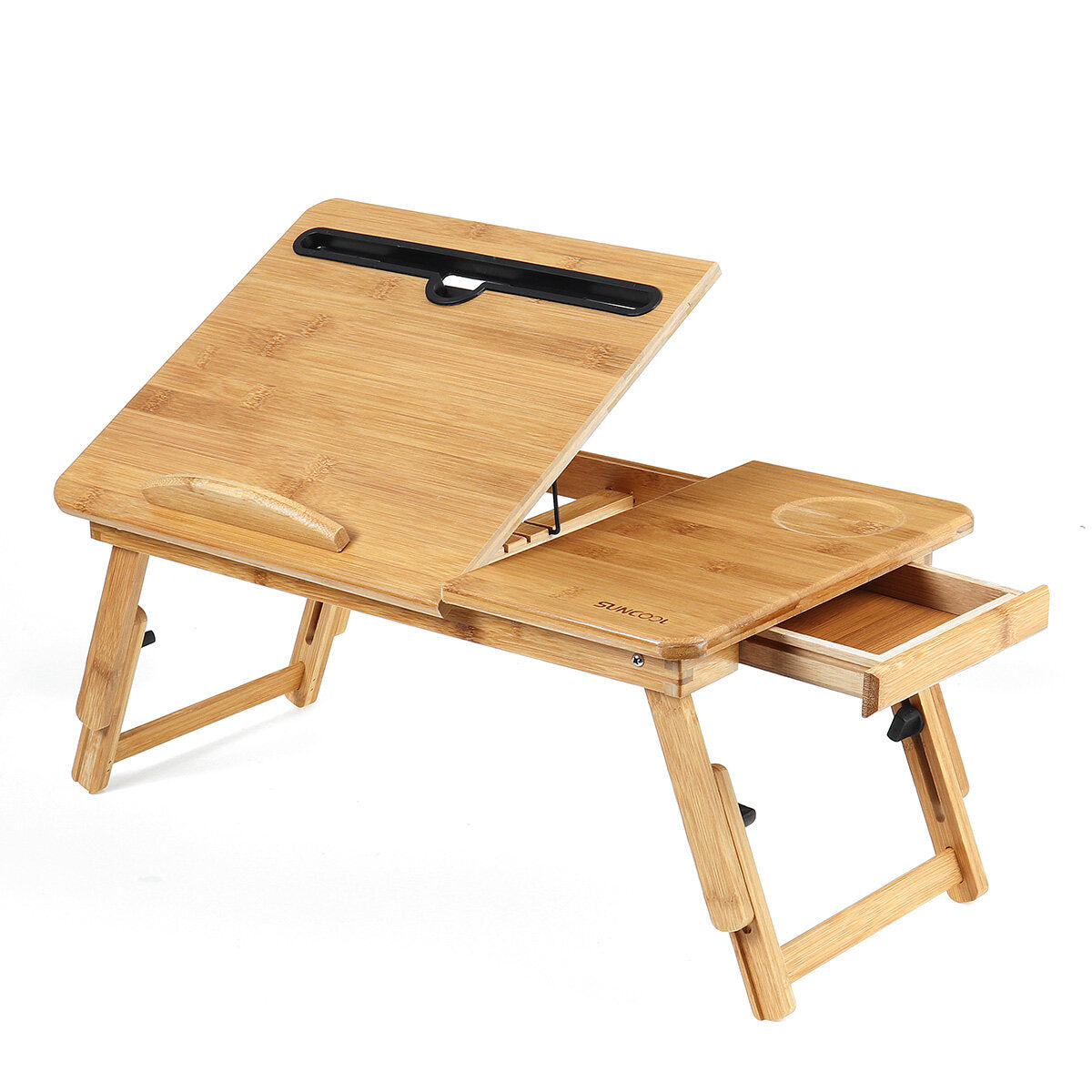 houten laptop bureau draagbaar opklapbaar bureau slaapbank notebook stand studeertafel met lade + bekerhouder + telefoon/tablet slot