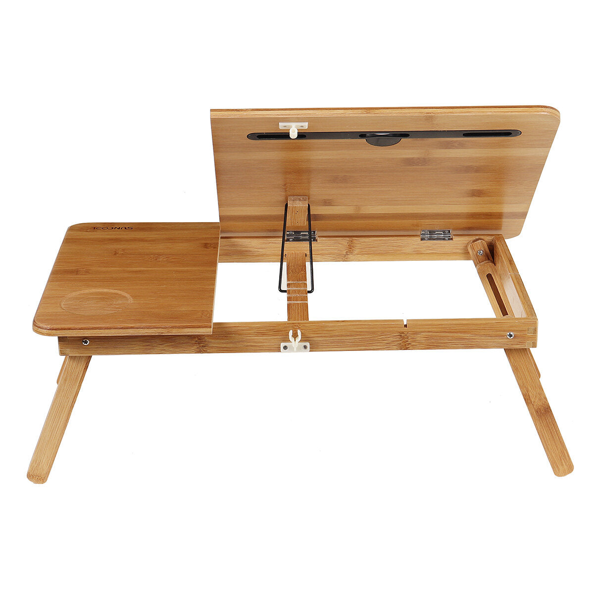 houten laptop bureau draagbaar opklapbaar bureau slaapbank notebook stand studeertafel met lade + bekerhouder + telefoon/tablet slot