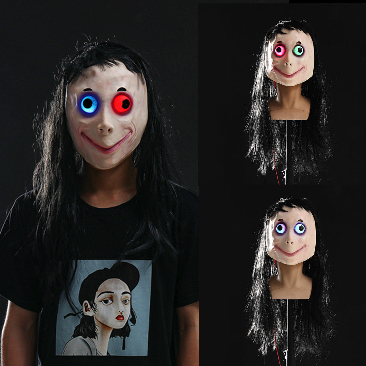 led scary momo mask game horror mask cosplay volledig hoofd momo mask big eye met lange pruiken halloween party props