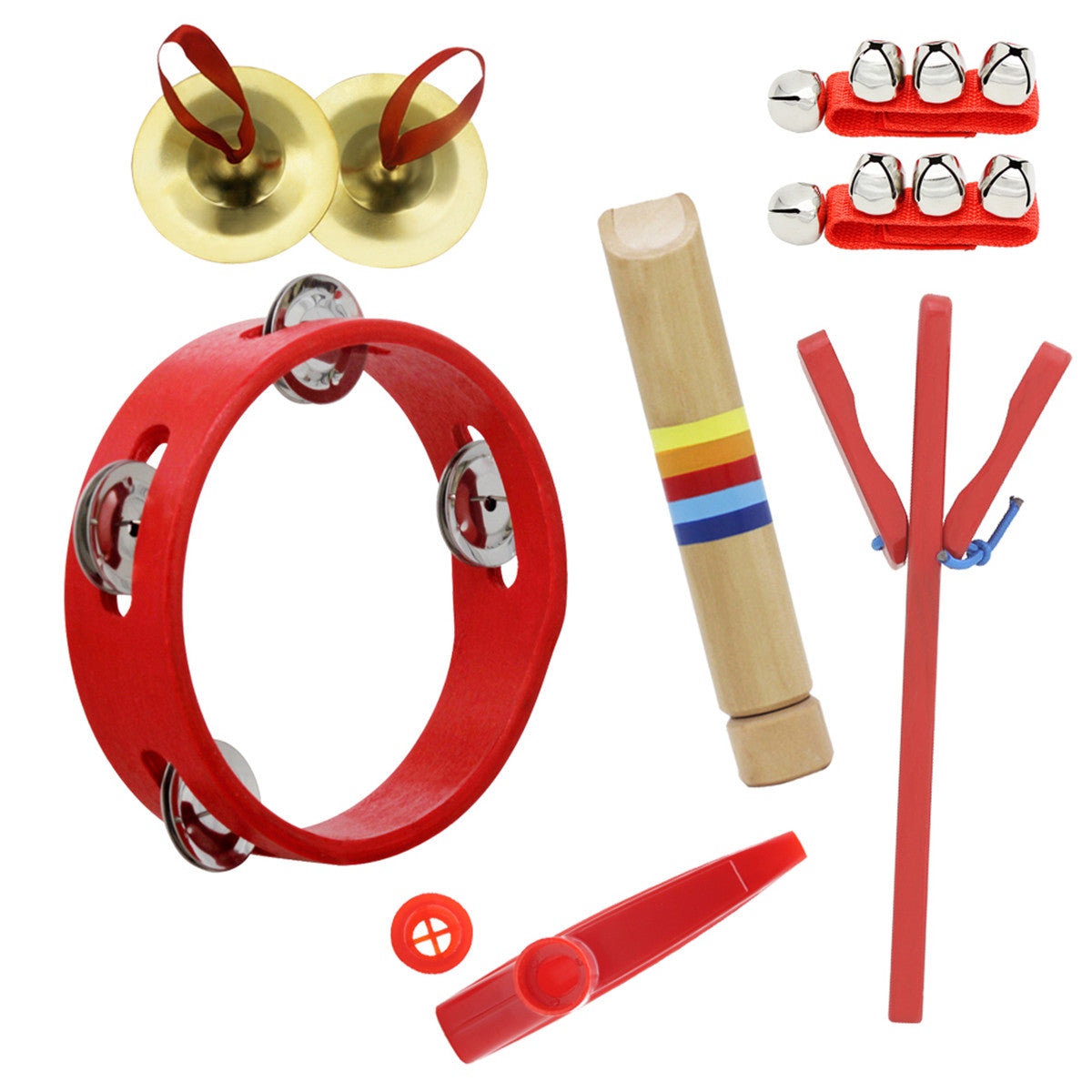 6 delige set orff muziekinstrumenten tamboerijn/houten fluit/vinger bekken/polsbel/kazoo/castanet