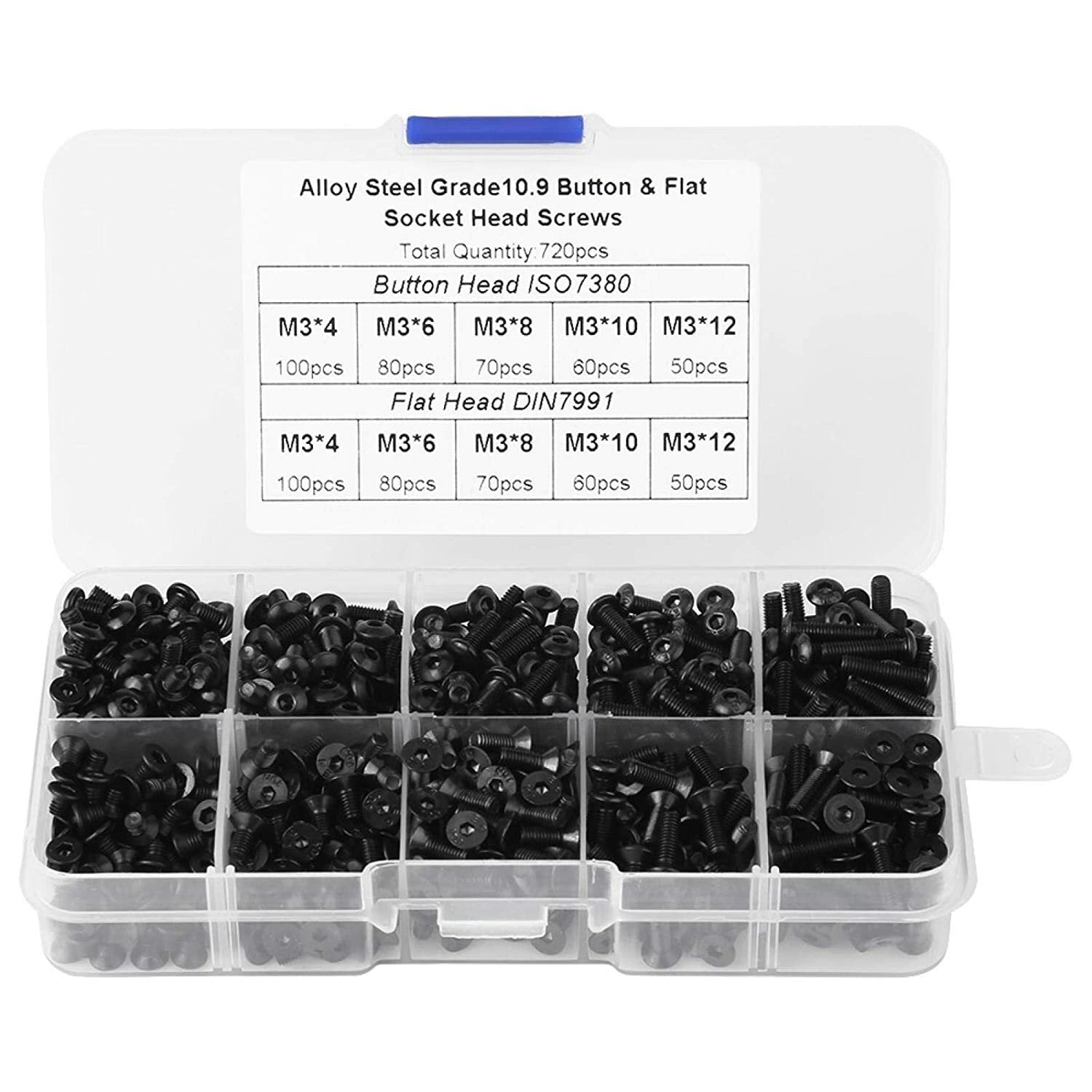 720 stuks m3 carbon staal zwarte ronde kop schroef verzonken kop platte kop bout set hex hexagon socket schroef assortiment kit