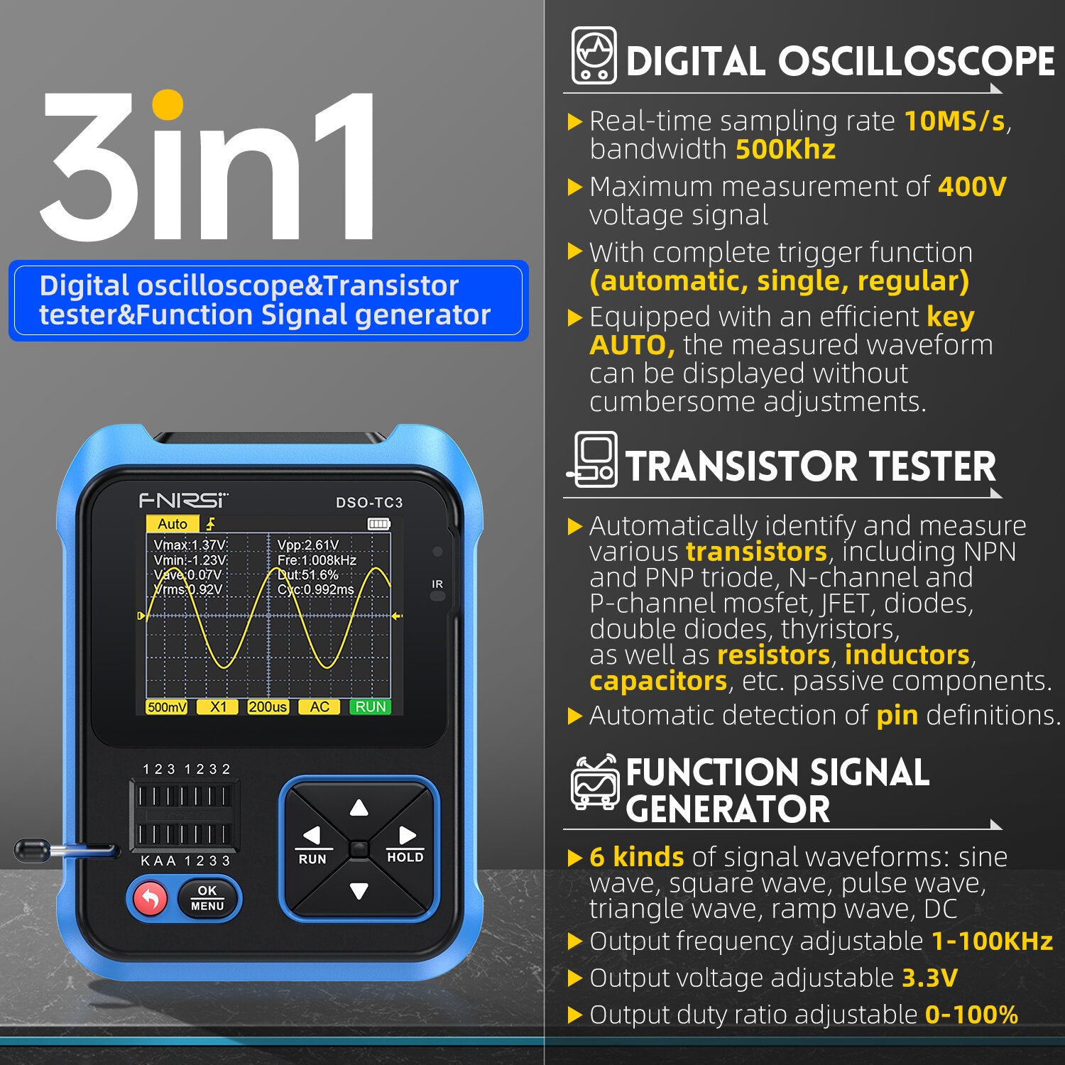 fnirsi dso-tc3 digitale oscilloscoop transistor tester functie signaal generator 3 in 1 multifunctionele elektronische component tester