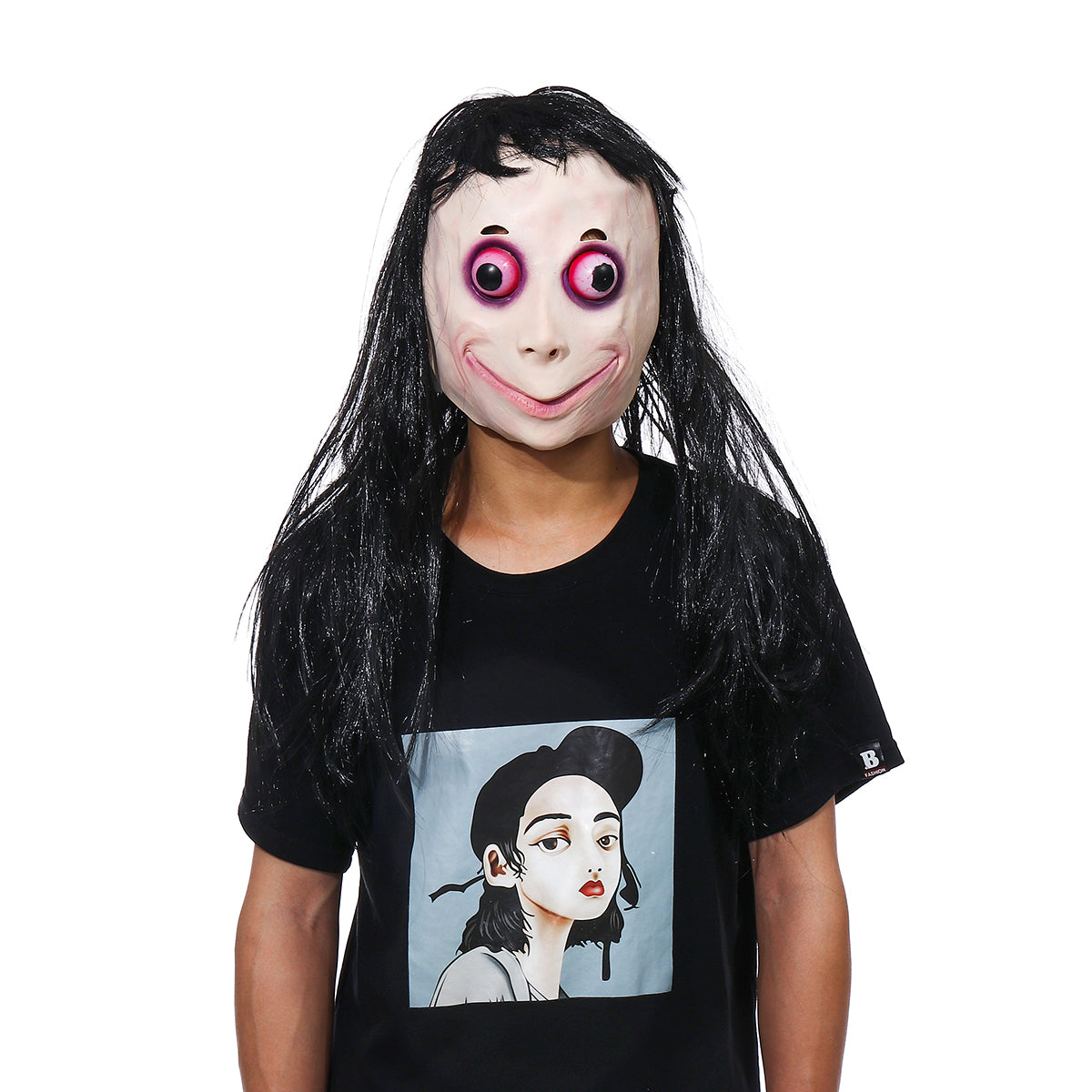 led scary momo mask game horror mask cosplay volledig hoofd momo mask big eye met lange pruiken halloween party props