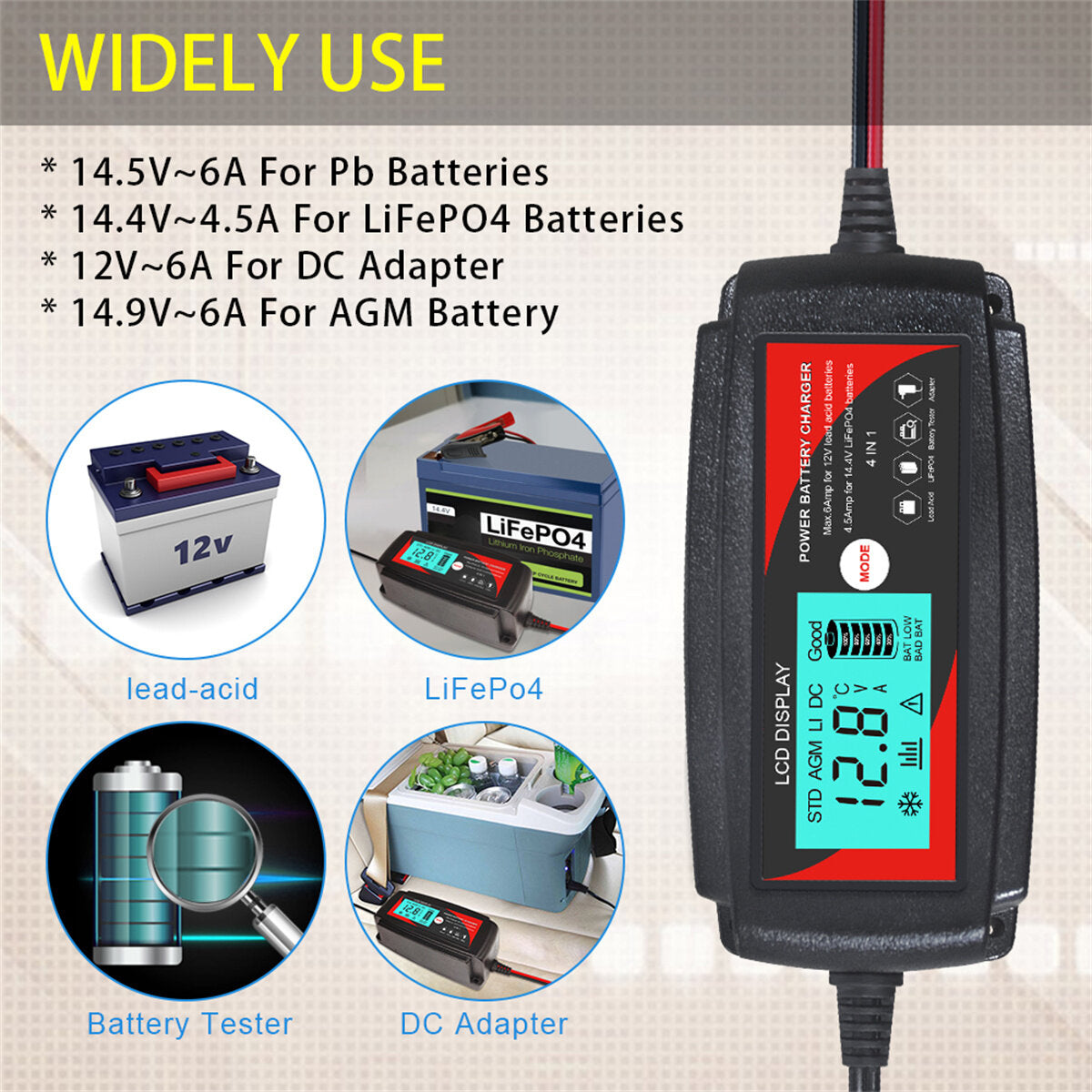 andeman 12v-6a/14v-6a volautomatische smart car batterij ijzer lithium batterij oplader lcd groot scherm ip65 waterdicht