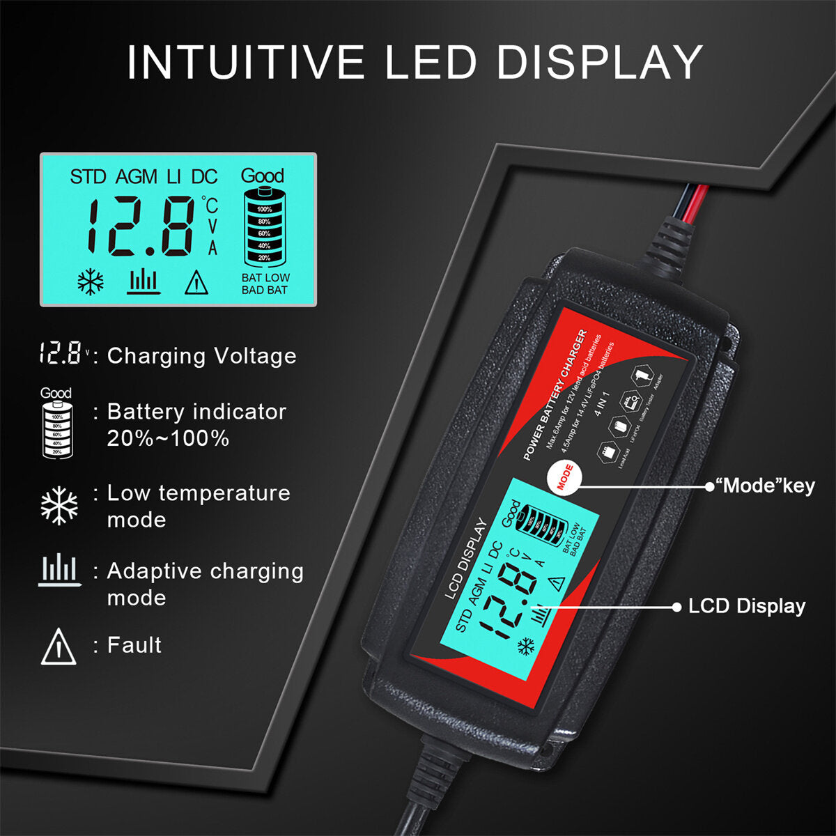 andeman 12v-6a/14v-6a volautomatische smart car batterij ijzer lithium batterij oplader lcd groot scherm ip65 waterdicht