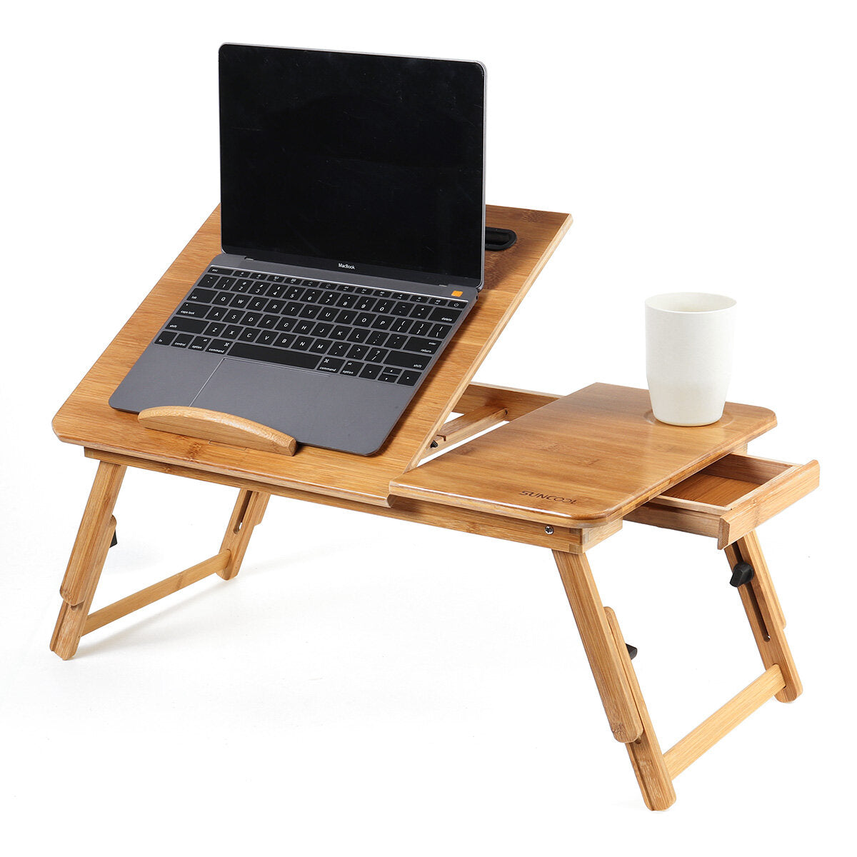 houten laptop bureau draagbaar opklapbaar bureau slaapbank notebook stand studeertafel met lade + bekerhouder + telefoon/tablet slot