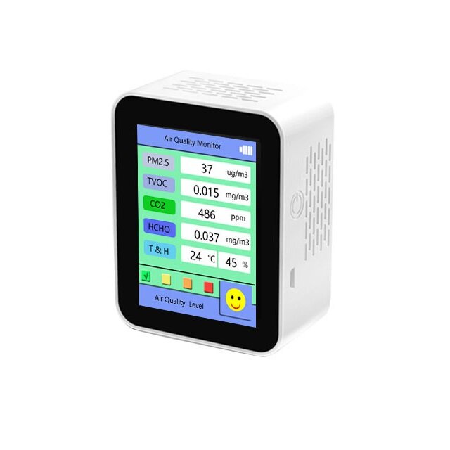 6 in 1 luchtkwaliteit monitor pm2.5/tvoc/co2/hcho/temperatuur/vochtigheid ingebouwde batterij multifunctionele luchtkwaliteit tester