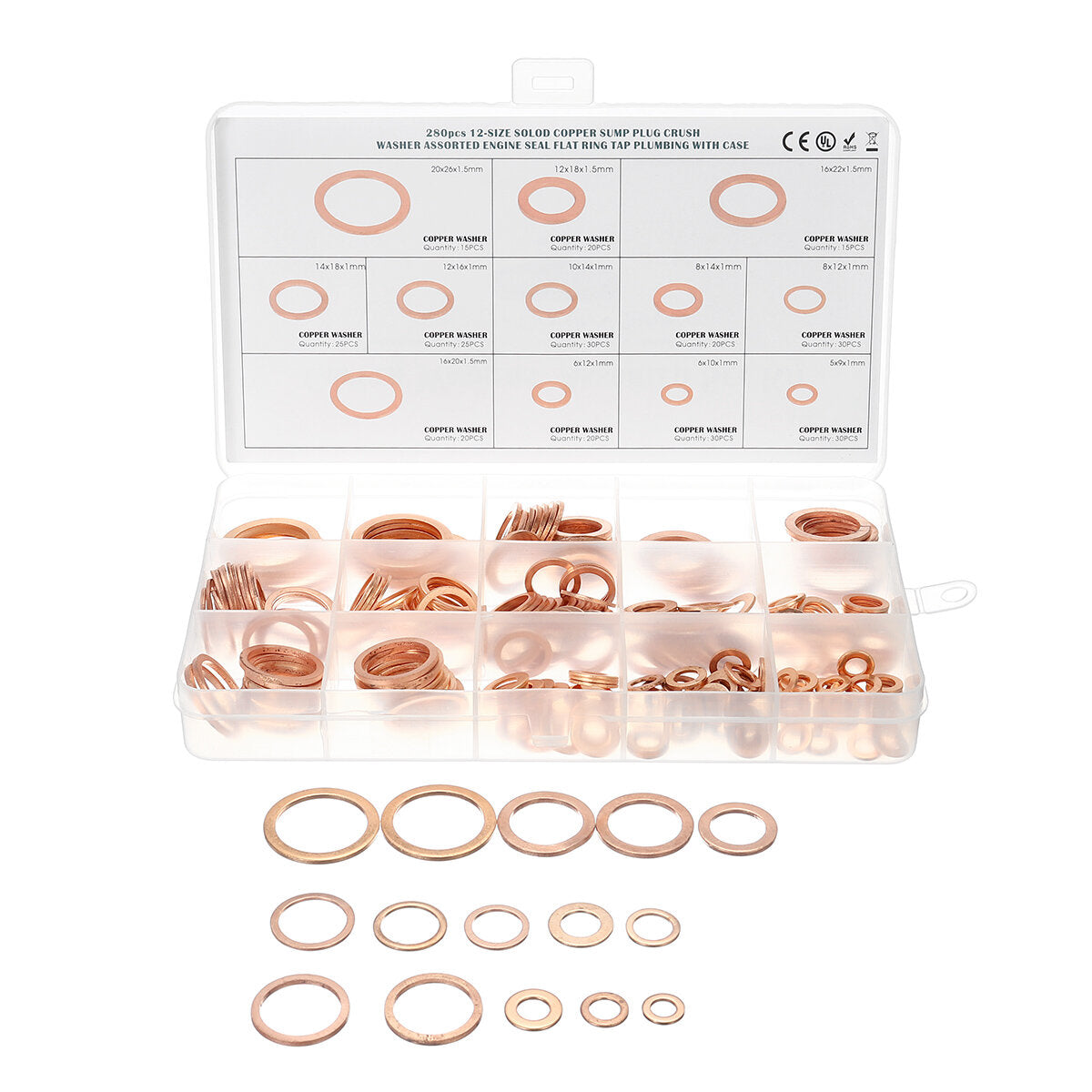 280 stuks 12 maten diverse crush koperen wasmachine pakking set platte ring seal kit gereedschap